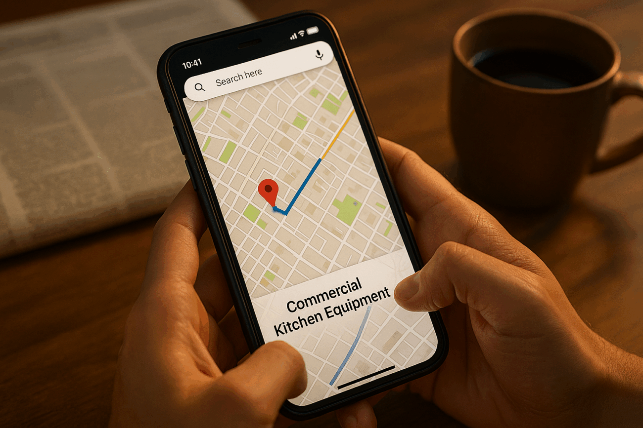A person using a smartphone with a navigation map to search for commercial kitchen equipment nearby, symbolizing local business discovery.