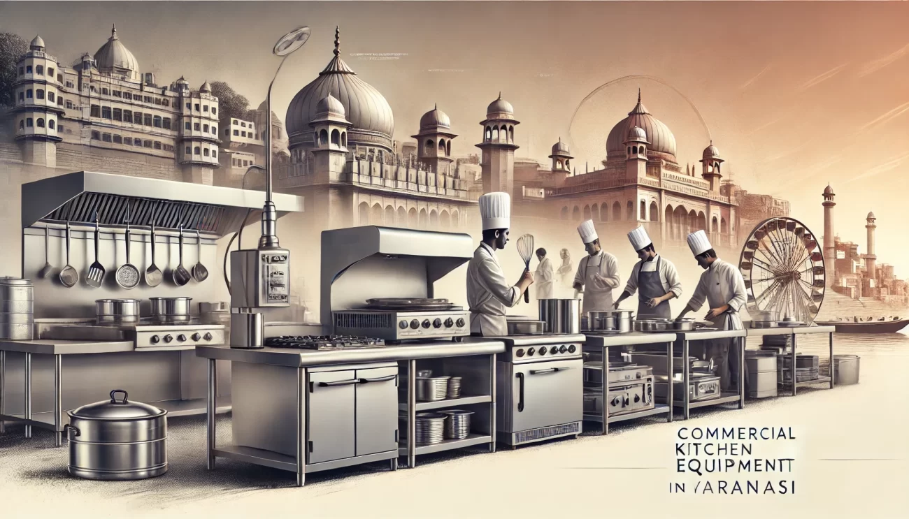 "Modern commercial kitchen in Varanasi with chefs, stainless steel equipment, and artistic white text overlay."