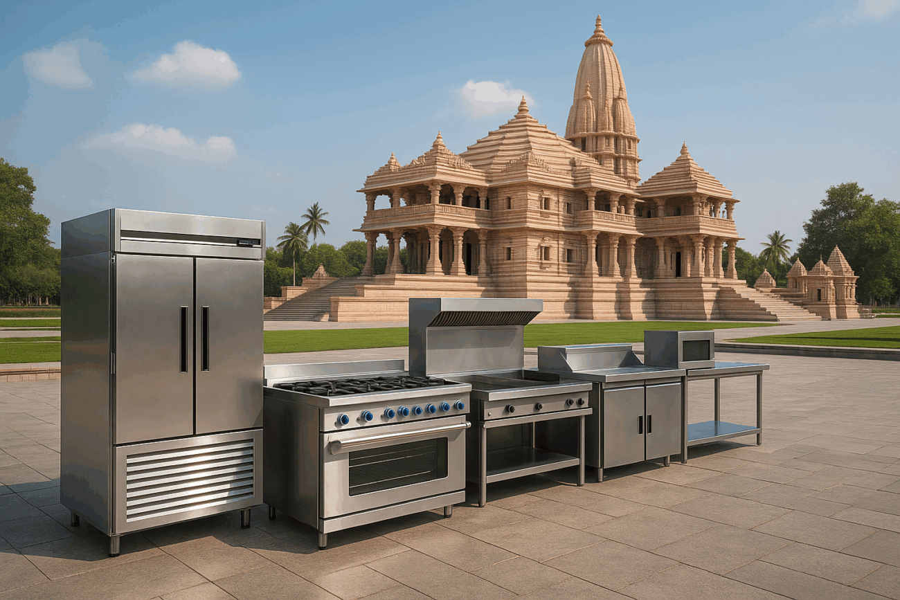 A stunning, high-resolution image showcasing a professional commercial kitchen equipment setup with the sacred Ayodhya Ghats in the background. The image artfully blends tradition and modernity, capturing the spiritual ambiance of Ayodhya while highlighting the innovation of a fully-equipped modern kitchen. Visible are stainless steel appliances including ovens, grills, refrigeration units, and prep counters — symbolizing top-tier commercial kitchen equipment ready for restaurant and catering use. In the backdrop, you can see the iconic upcoming ropeway system, showcasing Ayodhya’s rapid infrastructure development and positioning the city as a modern food business hub. The serene waters of the Sarayu River and the detailed ancient architecture of the ghats make this image not only culturally rich but visually captivating. This realistic 3D representation connects well with restaurateurs, caterers, and hoteliers seeking to invest in high-end kitchen solutions in a spiritually significant and booming market like Ayodhya. Perfect for articles, digital marketing, or SEO campaigns targeting commercial food businesses in Uttar Pradesh, especially those hunting for dependable equipment providers like Parashar Infra. This vibrant image reinforces the idea that Ayodhya is ready to welcome the future of food entrepreneurship with the right blend of tradition, infrastructure, and innovation.