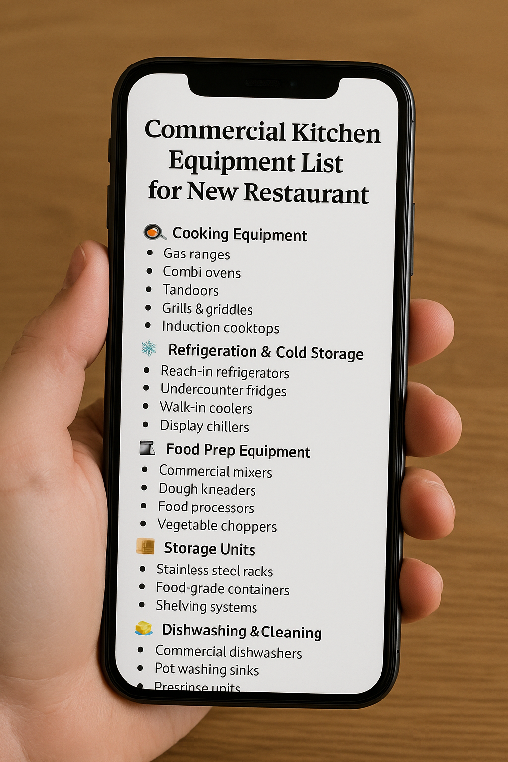 A person holding a smartphone and searching for "list of commercial kitchen equipment for new restaurant" with the screen displaying equipment items; realistic indoor setting.