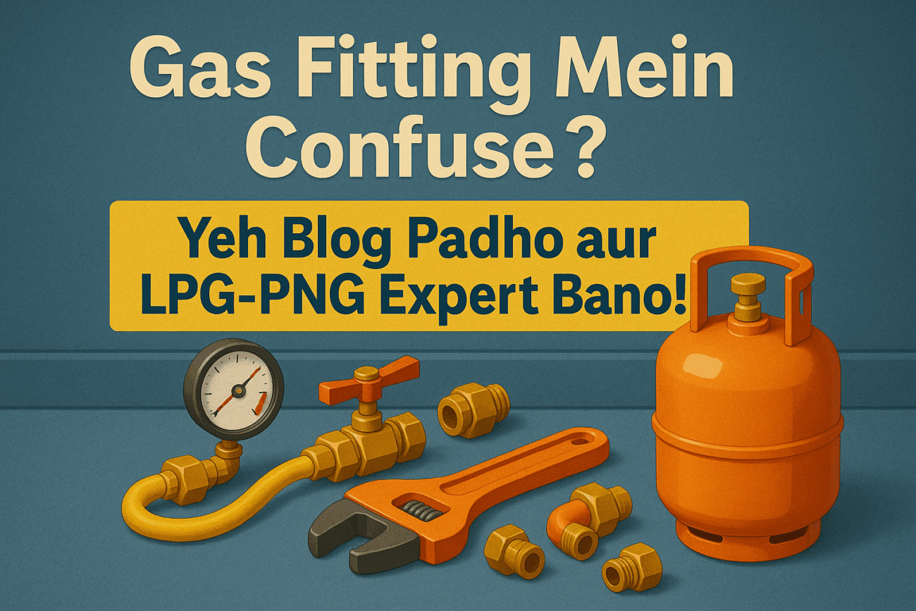 Creative 3D image showing LPG gas cylinder, pipe fittings, and tools on a textured blue background with bold Hindi blog promotion text.