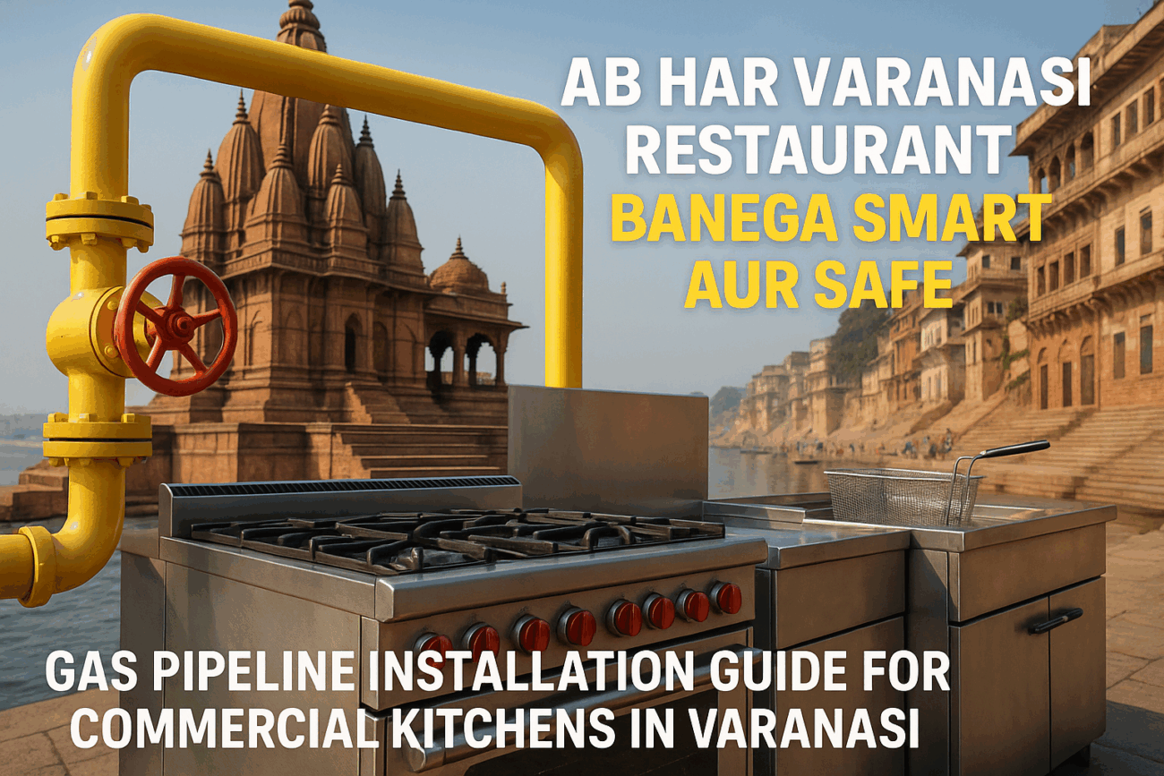 Alt text: 3D render of a commercial kitchen gas pipeline setup on Varanasi ghats with traditional temple and river in background.
