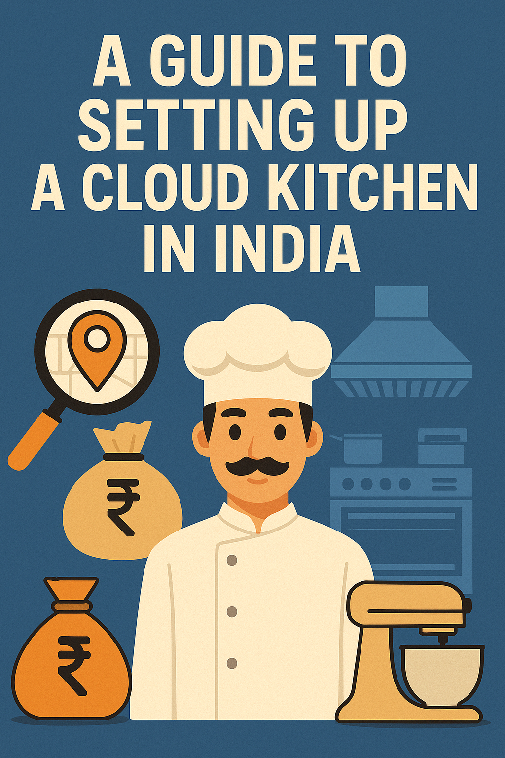 "A flat-style digital illustration showing a guide to setting up a cloud kitchen in India. It features a chef in uniform, kitchen equipment, Indian rupee money bags, a stand mixer, and a location marker over a map, all set against a blue background with bold cream-colored title text."