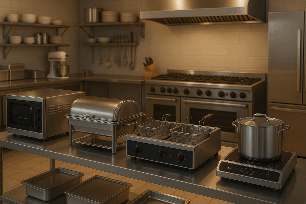 High-resolution 3D image showing a professional commercial kitchen setup with stainless steel catering equipment including ovens, prep counters, and storage units—ideal for modern catering businesses in 2025.