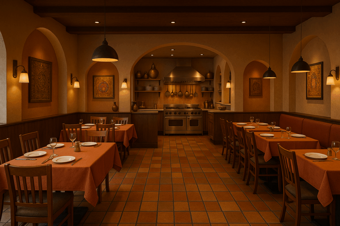 3D-rendered Indian restaurant interior with open kitchen, orange tablecloths, wooden furniture, and traditional wall art.