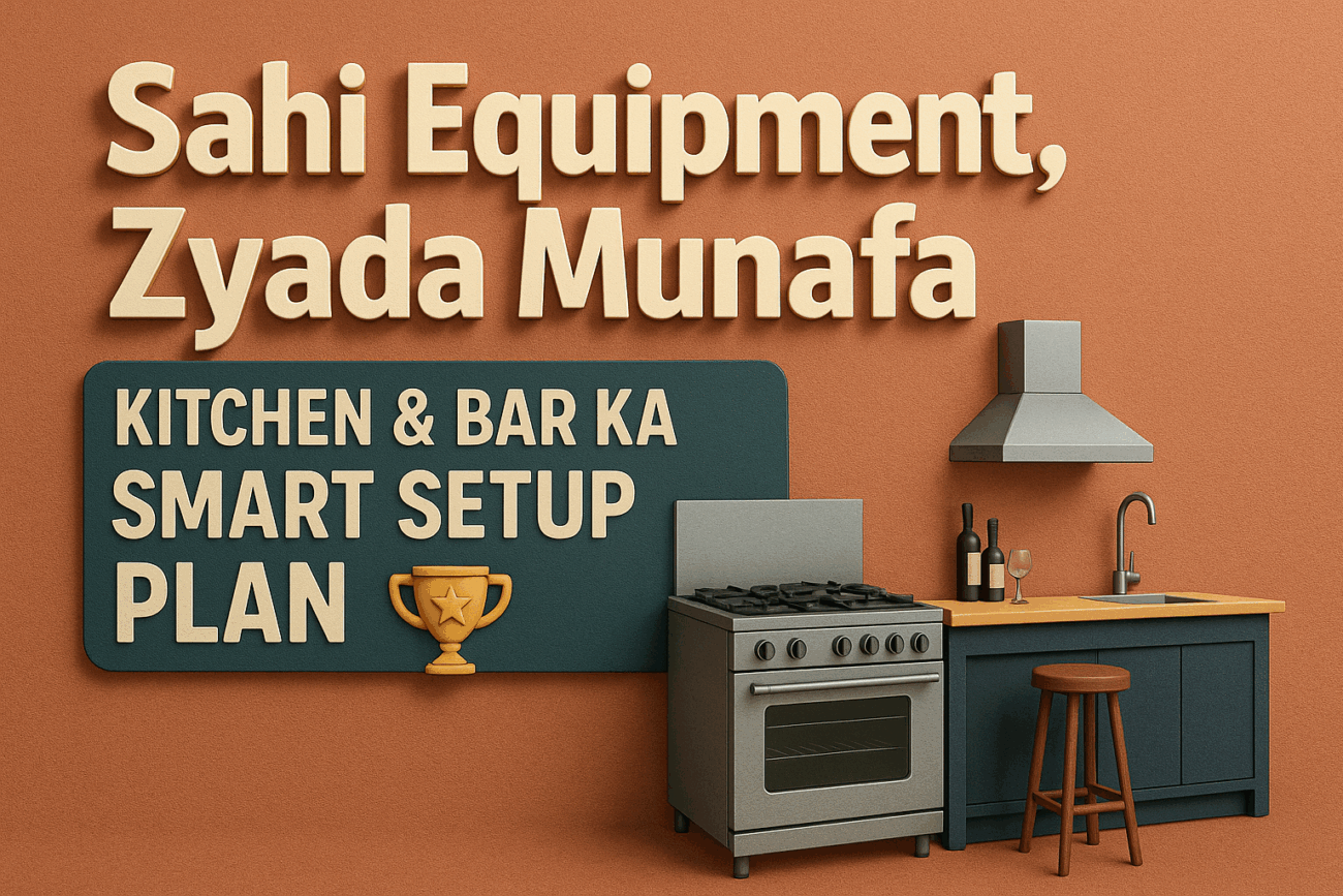 3D illustration of a smart kitchen and bar setup with the text “Sahi Equipment, Zyada Munafa” and stylish appliances and decor.