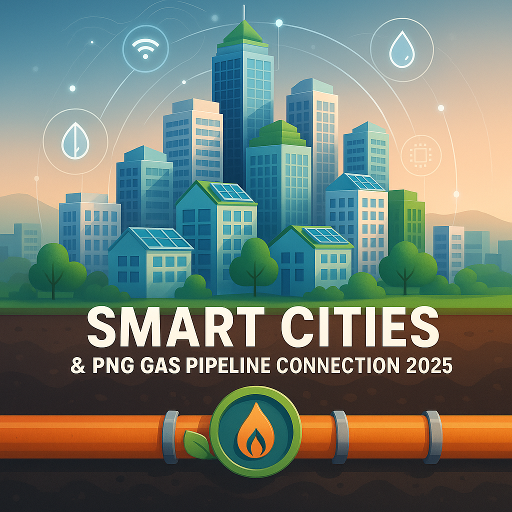 3D-rendered illustration of a futuristic smart city in 2025 with modern skyscrapers, eco-friendly buildings featuring solar panels, and a green landscape above ground. Below ground, an orange Piped Natural Gas (PNG) pipeline is prominently displayed with a flame icon, symbolizing clean energy. Digital icons representing connectivity, sustainability, and smart infrastructure float above the cityscape.