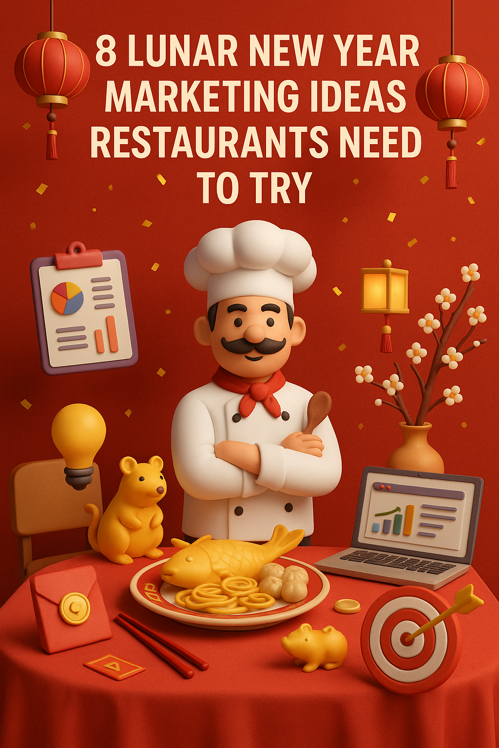 3D illustration of a Lunar New Year-themed restaurant scene with chef, lanterns, golden rat, and marketing tools on a festive red background.