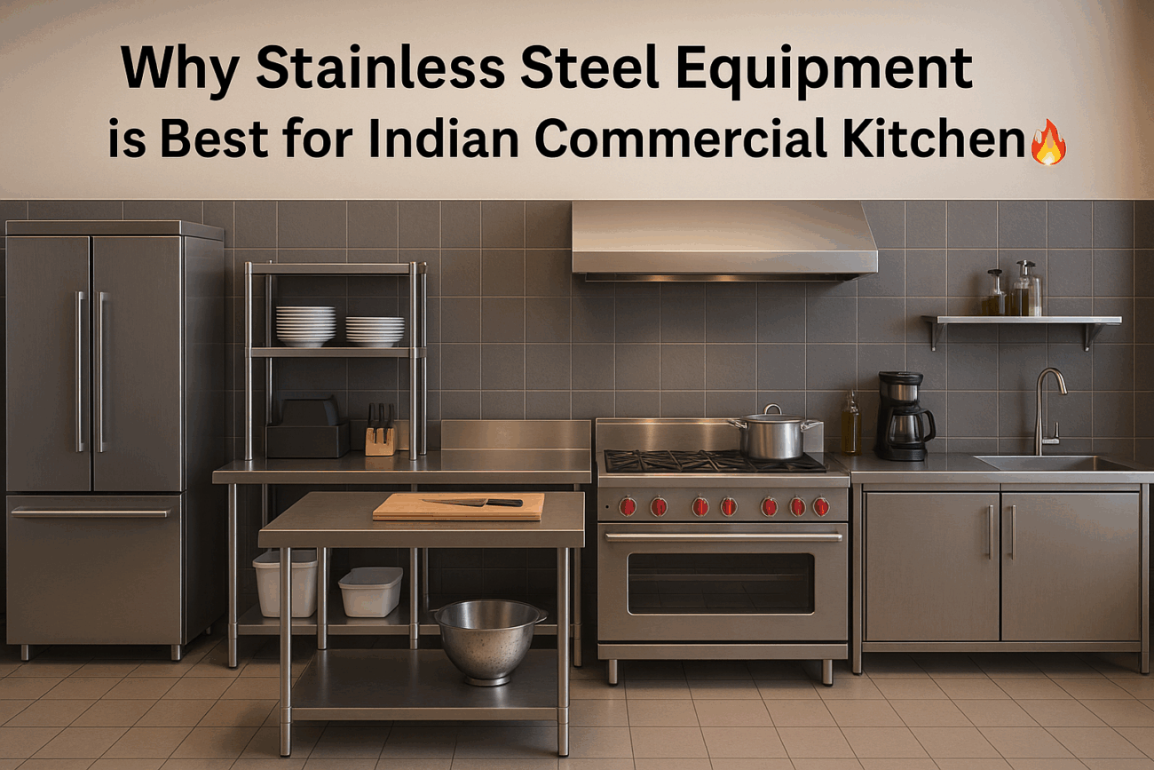 A 3D-rendered stainless steel commercial kitchen setup with oven, fridge, sink, and shelves, designed for Indian restaurant use.