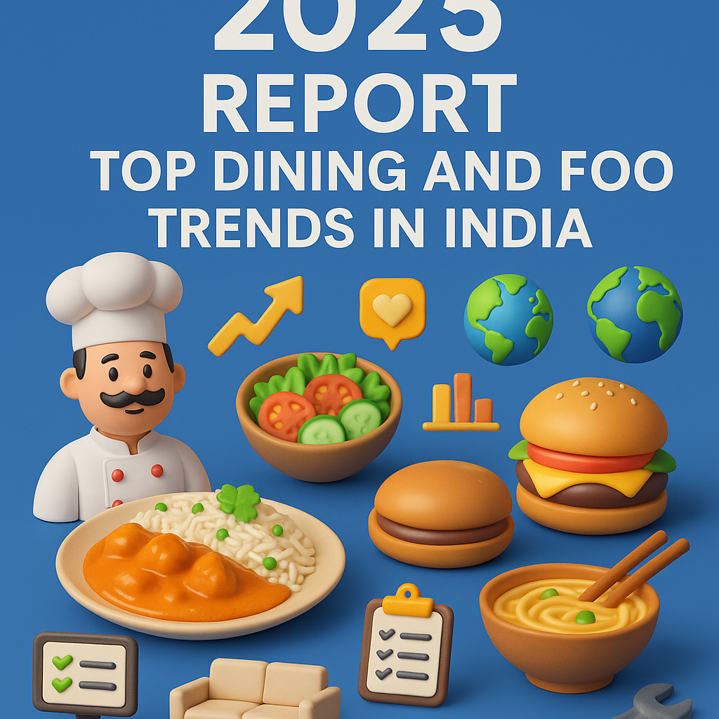 3D illustration showcasing top food trends in India 2025 with vibrant dishes, icons, and arrows on a dynamic blue background.