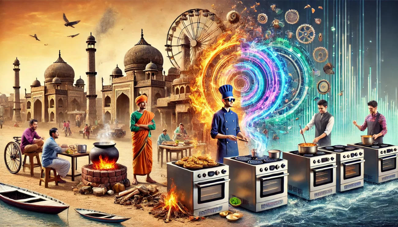 ChatGPT said: Transformation of Uttar Pradesh kitchens from traditional clay stoves near Ganga to modern smart equipment by Gomti in a 3D creative scene.