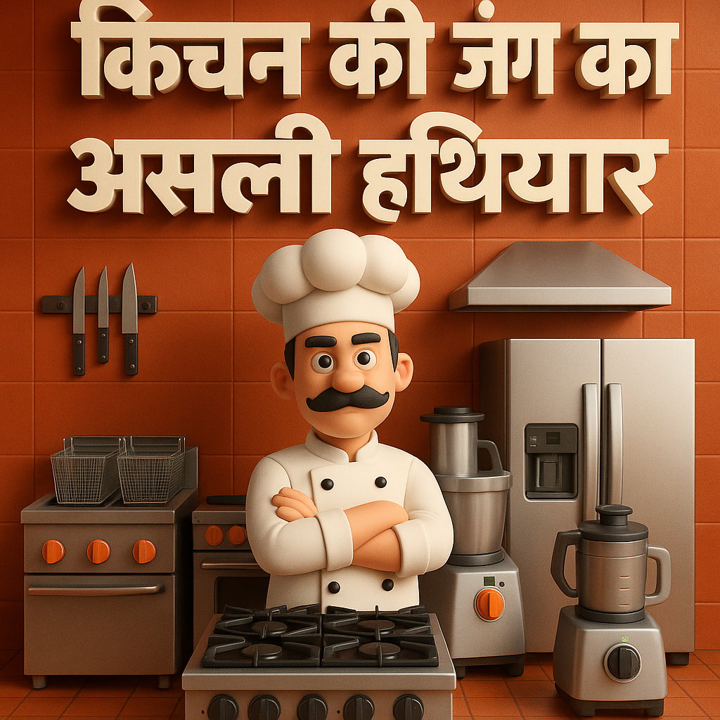 3D image of a chef in a commercial kitchen with bold Hindi text “Kitchen Ki Jang Ka Asli Hathiyaar” and professional equipment.