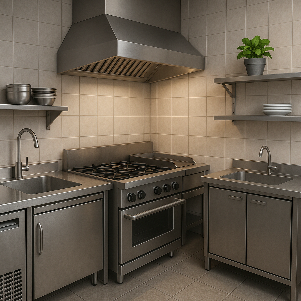 3D-rendered image of a compact commercial kitchen featuring space-saving appliances, wall-mounted shelves, and an efficient layout, exemplifying a functional design suitable for small spaces in 2025.