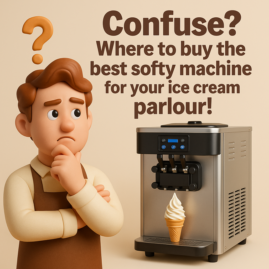 3D cartoon-style image of a confused ice cream parlour owner standing beside a softy machine with a question mark above his head.