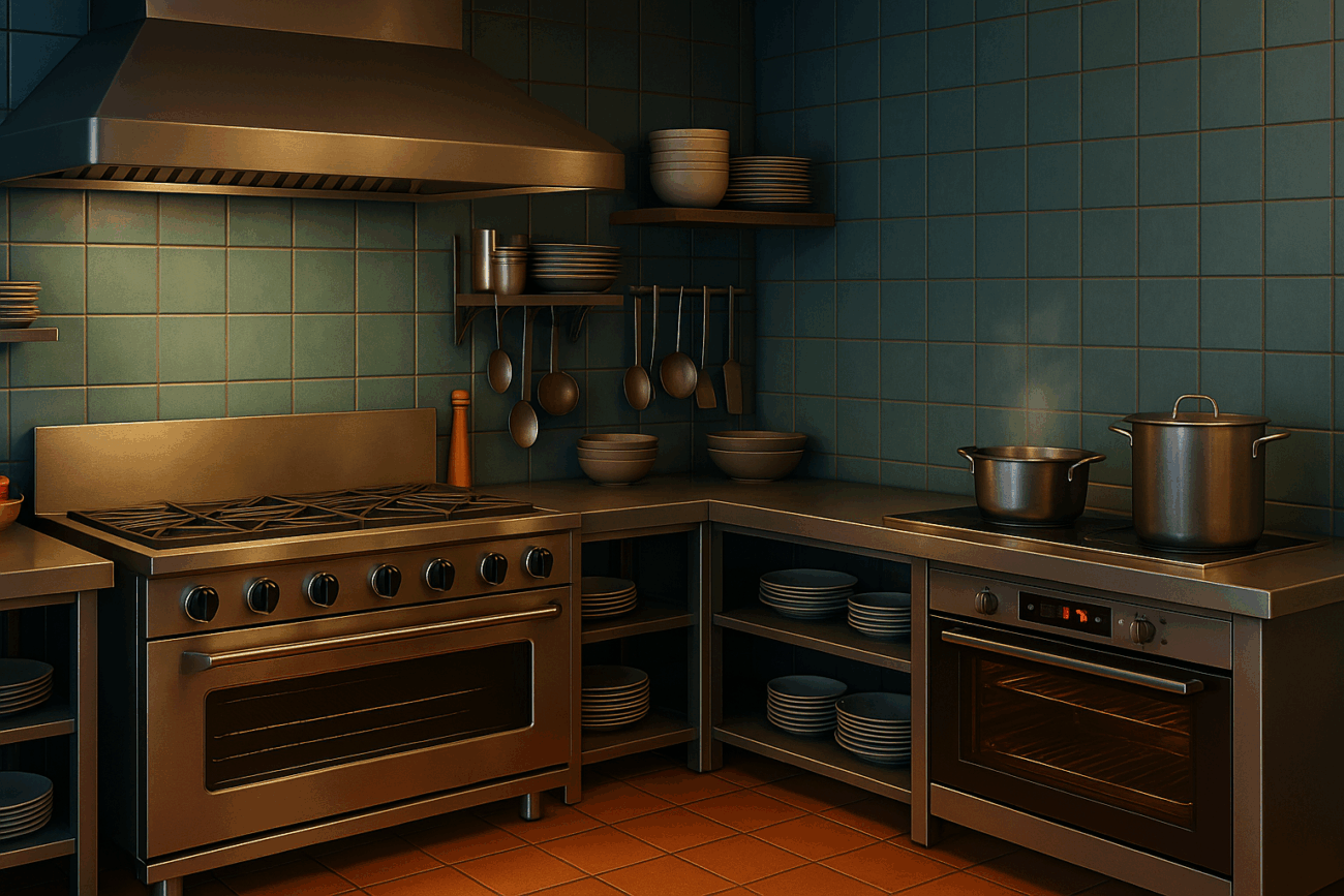 3D-rendered modern commercial kitchen with stainless steel appliances, open shelving, industrial oven, and sleek cookware; visually bright and professional space showcasing restaurant equipment suppliers’ premium setup, ideal for professional culinary environments.